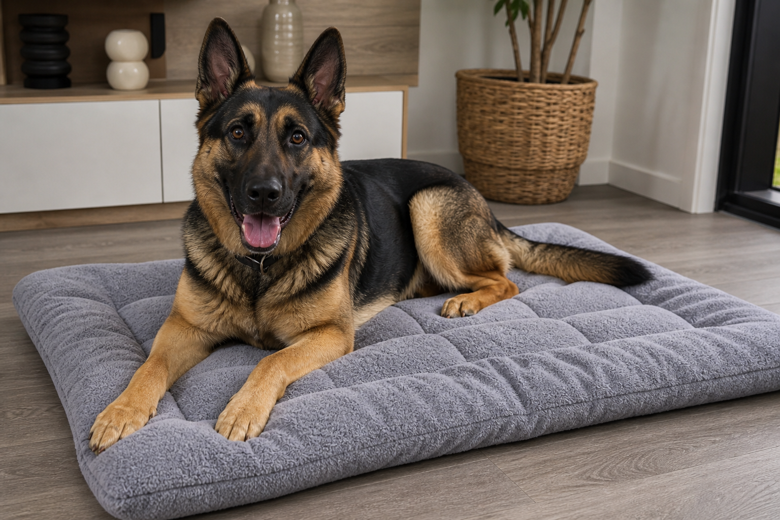 German Shepherd lying on a gray dog bed in a home setting.