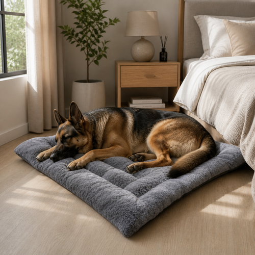 German Shepherd lying on a gray pet bed in a cozy bedroom.