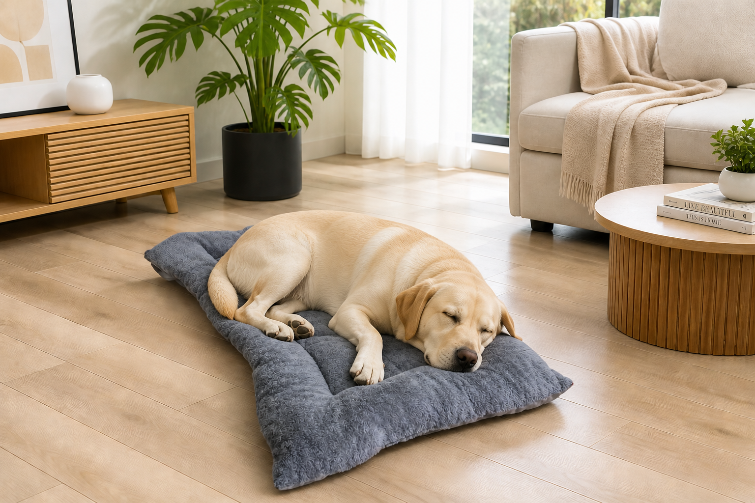 Dog resting on a large gray pet bed in a cozy living room.